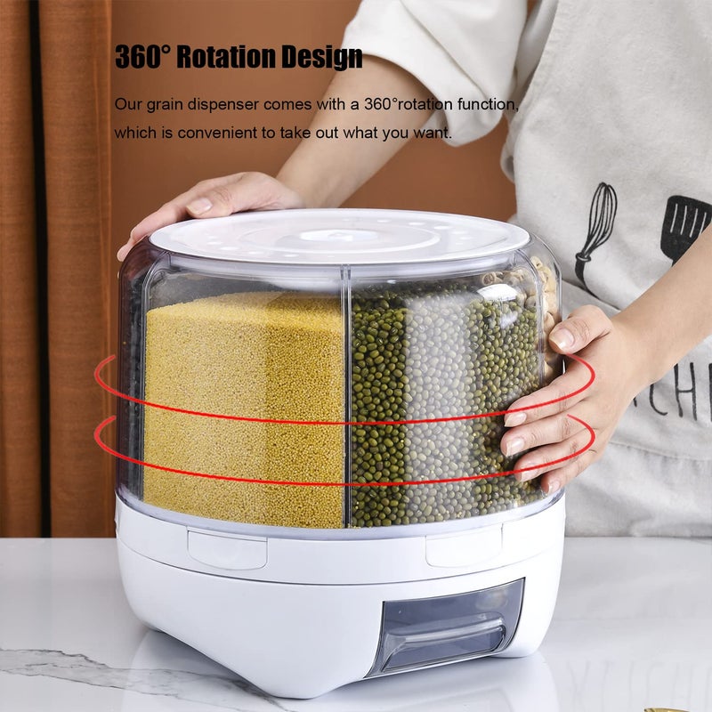 XIYAO 20Lbs large Grain dispenser 360°Rotating Rice Food Dispenser 6 Grids rice container rotatable Beans Containers Storage with Sealed lid for Peanut Barley Millet and Cereal - Image 2